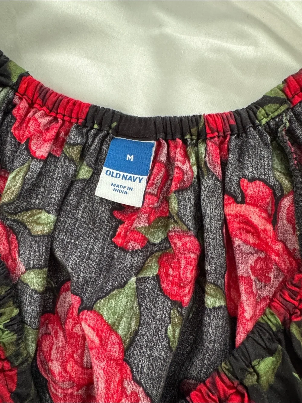 Old Navy Black Peplum Blouse with Red Rose Print